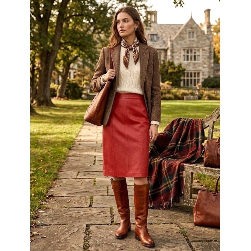 Custom Artisan Leather Pencil Skirt Small Red Unlined Raw Suede Midi
